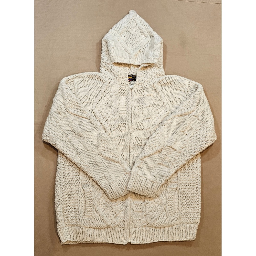 Nature's Connection Handmade Wool Hooded Full Zip Sweater Cream Ivory Large